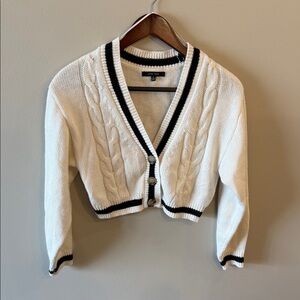 Cream Cable Knit Cardigan with Black Trim
